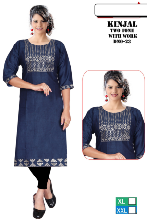 Women Rayon Navy Blue Straight Kurti with Two Tone Print Work