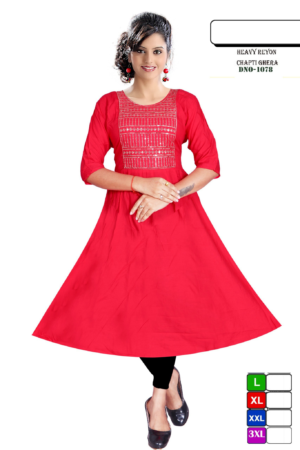Women Rayon Red Anarkali Kurti with Heavy Front Print