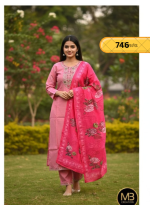 Elegant Pink Embroidered Kurti Set with Floral Dupatta for Women