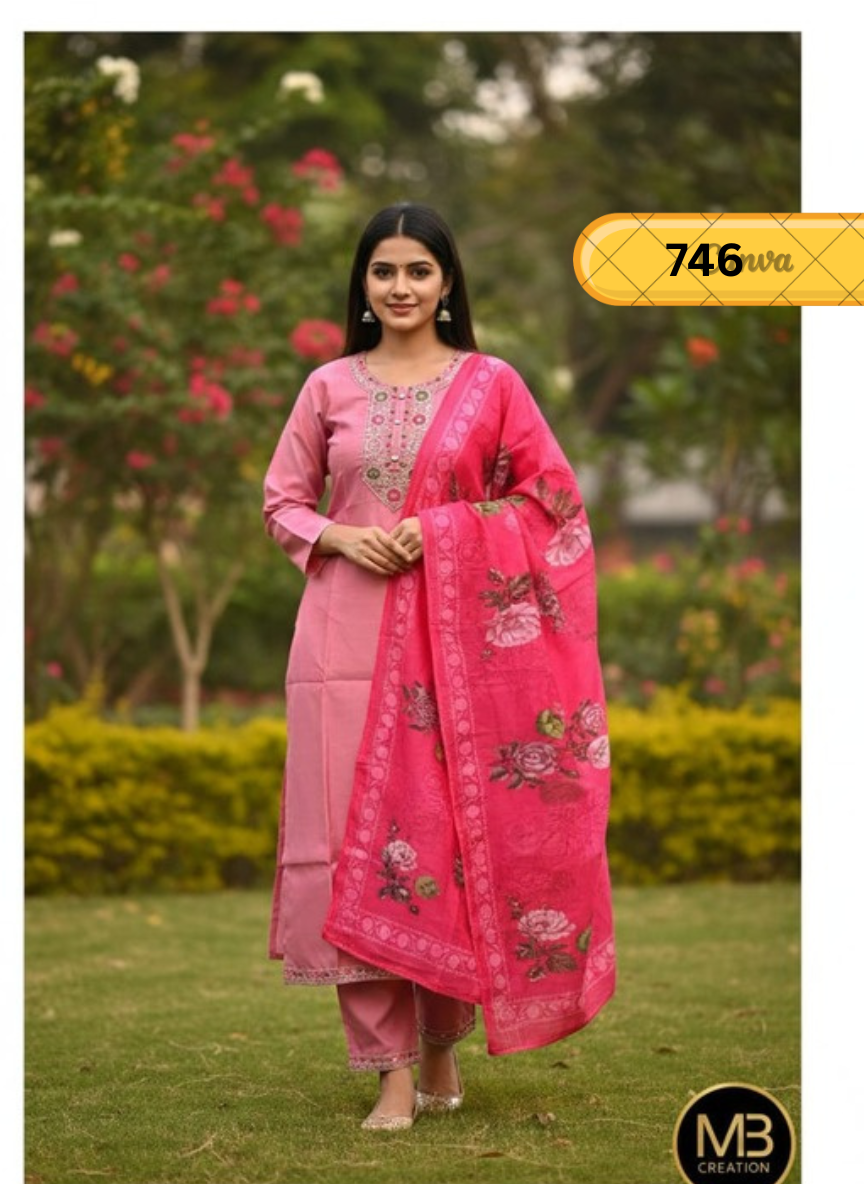 Elegant Pink Embroidered Kurti Set with Floral Dupatta for Women